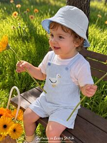 Cozy Pixies 2pcs Baby Boys Rompers Set, Buy Romper Get Hat, Baby Boy Baby Girl Summer Yellow & White Striped Suspenders Duck Print Romper & Bucket Hat Set, Casual Vacation, Suitable For Outings, Beach, Daily Wear, Spring & Summer - Blue - View 1