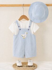 Cozy Pixies 2pcs Baby Boys Rompers Set, Buy Romper Get Hat, Baby Boy Baby Girl Summer Yellow & White Striped Suspenders Duck Print Romper & Bucket Hat Set, Casual Vacation, Suitable For Outings, Beach, Daily Wear, Spring & Summer - Blue - View 3