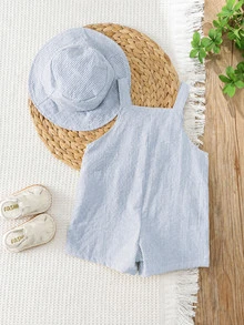 Cozy Pixies 2pcs Baby Boys Rompers Set, Buy Romper Get Hat, Baby Boy Baby Girl Summer Yellow & White Striped Suspenders Duck Print Romper & Bucket Hat Set, Casual Vacation, Suitable For Outings, Beach, Daily Wear, Spring & Summer - Blue - View 2