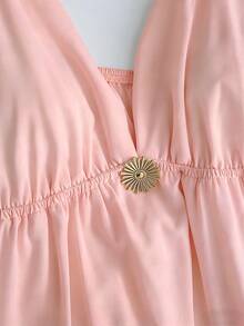 GlowEve Yellow V-Neck Spaghetti Strap Ruffle Hem Vacation Dress, Casual Beach Outfit For Summer, Metal Decor Buckle, Women Long Dress - Pink - View 3