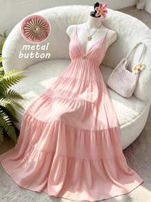 GlowEve Yellow V-Neck Spaghetti Strap Ruffle Hem Vacation Dress, Casual Beach Outfit For Summer, Metal Decor Buckle, Women Long Dress - Pink - View 1
