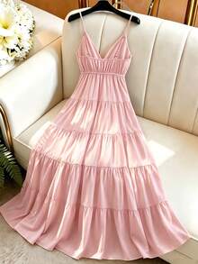 GlowEve Yellow V-Neck Spaghetti Strap Ruffle Hem Vacation Dress, Casual Beach Outfit For Summer, Metal Decor Buckle, Women Long Dress - Pink - View 2
