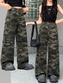 SHEIN 青少年女孩口袋鈕扣迷彩休閒百搭日常外出牛仔褲 - 彩色 - 查看 4