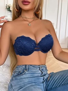 DesireSculpt 1件極簡性感蕾絲拼接前扣式無肩帶內衣 女款 - 寶藍色 - 查看 4