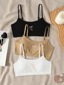 SHEIN 少女簡單休閒方領背心上衣，附胸墊，親膚舒適蝴蝶結刺繡內衣，學生內衣3件組，白色 - 彩色 - 查看 7