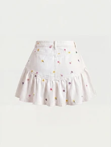 SHEIN MOD 女款花卉刺繡口袋荷葉邊牛仔裙 - 彩色 - 查看 2