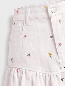 SHEIN MOD 女款花卉刺繡口袋荷葉邊牛仔裙 - 彩色 - 查看 3