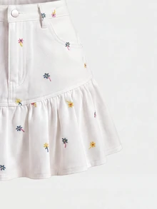 SHEIN MOD 女款花卉刺繡口袋荷葉邊牛仔裙 - 彩色 - 查看 5