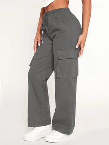 SHEIN PETITE Drawstring Waist Flap Pocket Cargo Trousers - Dark Grey - View 4