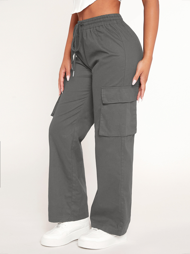 SHEIN PETITE Pantalones cargo de primavera con cintura con cordón y bolsillos con solapa, para mujeres petite - Gris Oscuro - Añade 4