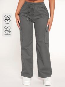 SHEIN PETITE Drawstring Waist Flap Pocket Cargo Trousers - Dark Grey - View 1