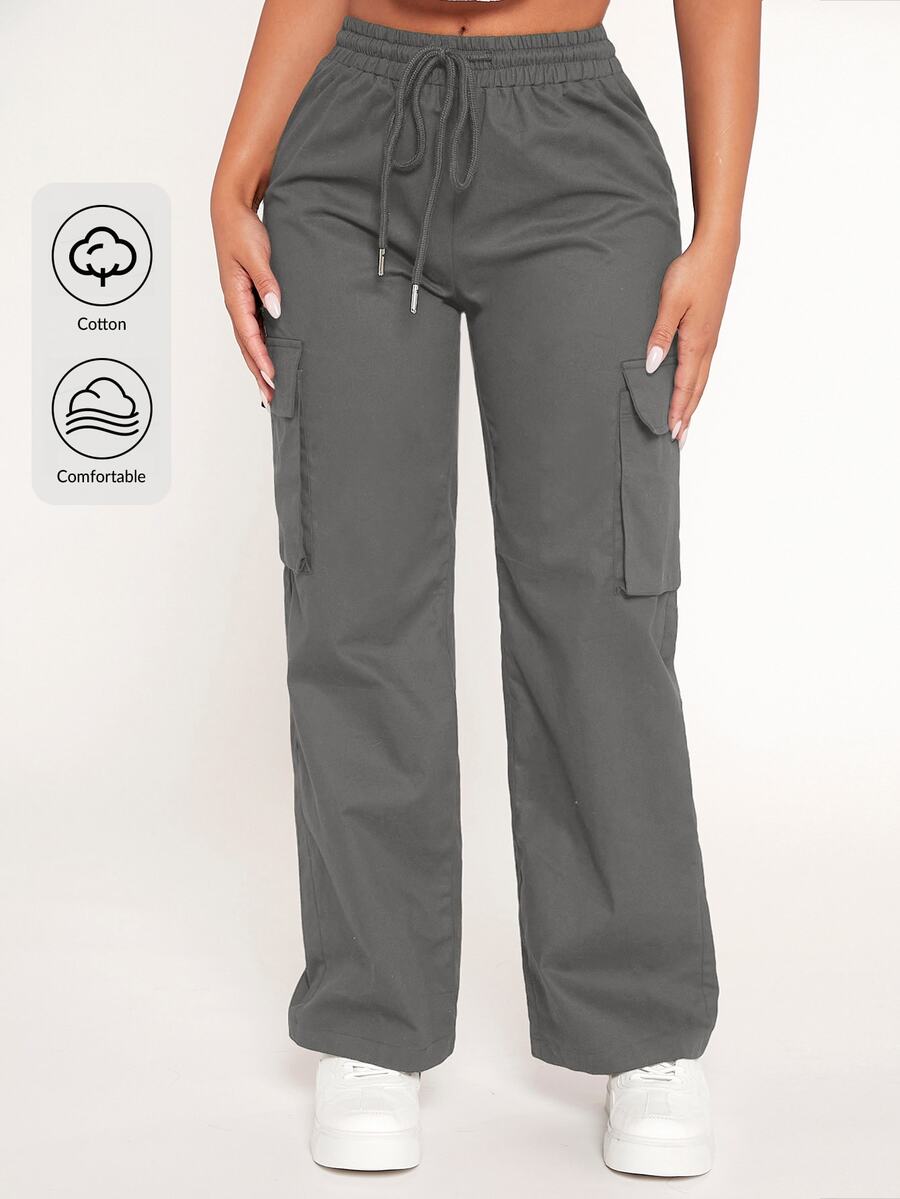 SHEIN PETITE Drawstring Waist Flap Pocket Cargo Trousers - Dark Grey - View 1