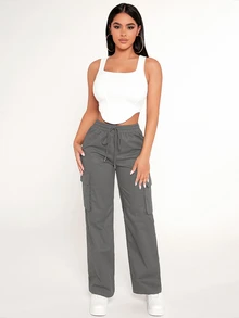 SHEIN PETITE Drawstring Waist Flap Pocket Cargo Trousers - Dark Grey - View 5