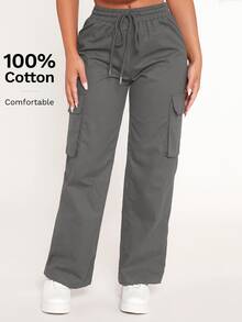 SHEIN PETITE Drawstring Waist Flap Pocket Cargo Trousers - Dark Grey - View 7
