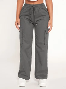 SHEIN PETITE Drawstring Waist Flap Pocket Cargo Trousers - Dark Grey - View 6