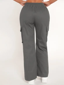 SHEIN PETITE Drawstring Waist Flap Pocket Cargo Trousers - Dark Grey - View 2