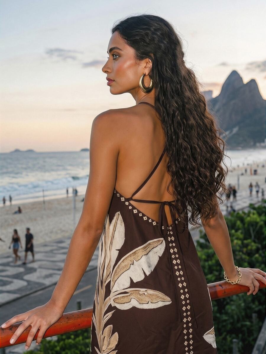 CAJUNI Chic Vacation Retro Resort Golden Palm Tree Mini Dress. - Coffee Brown - View 1