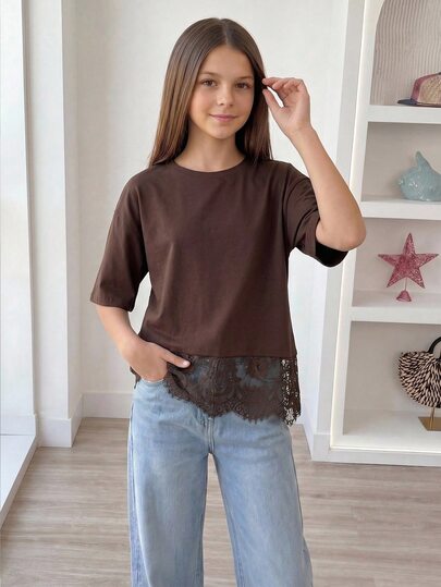 Camiseta casual de manga corta y cuello redondo de unicolor para niña