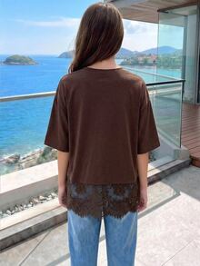 SHEIN Sparklyn 女孩圓領短袖素色休閒T恤 - 咖啡棕 - 查看 2