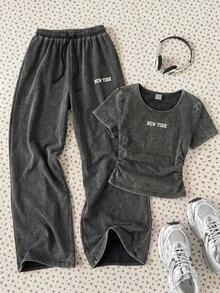 SHEIN Tween女孩 2件組 字母刺繡羅紋T恤＋寬腿褲 灰色 夏季休閒運動開學穿搭 水洗套裝 - 黑色 - 查看 3