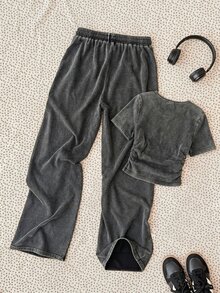 SHEIN Tween女孩 2件組 字母刺繡羅紋T恤＋寬腿褲 灰色 夏季休閒運動開學穿搭 水洗套裝 - 黑色 - 查看 2