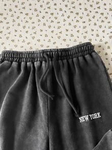 SHEIN Tween女孩 2件組 字母刺繡羅紋T恤＋寬腿褲 灰色 夏季休閒運動開學穿搭 水洗套裝 - 黑色 - 查看 6