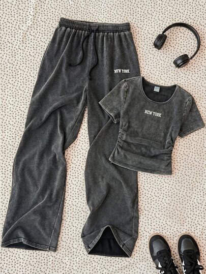 SHEIN Tween女孩 2件組 字母刺繡羅紋T恤＋寬腿褲 灰色 夏季休閒運動開學穿搭 水洗套裝