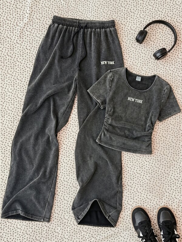 SHEIN Tween女孩 2件組 字母刺繡羅紋T恤＋寬腿褲 灰色 夏季休閒運動開學穿搭 水洗套裝