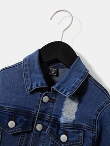SHEIN 男孩2入組休閒寬鬆長袖牛仔夾克和牛仔褲套裝 - 深色水洗藍 - 查看 5