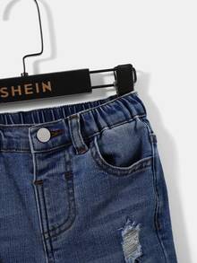SHEIN 男孩2入組休閒寬鬆長袖牛仔夾克和牛仔褲套裝 - 深色水洗藍 - 查看 8
