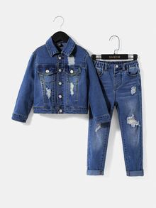 SHEIN 男孩2入組休閒寬鬆長袖牛仔夾克和牛仔褲套裝 - 深色水洗藍 - 查看 9