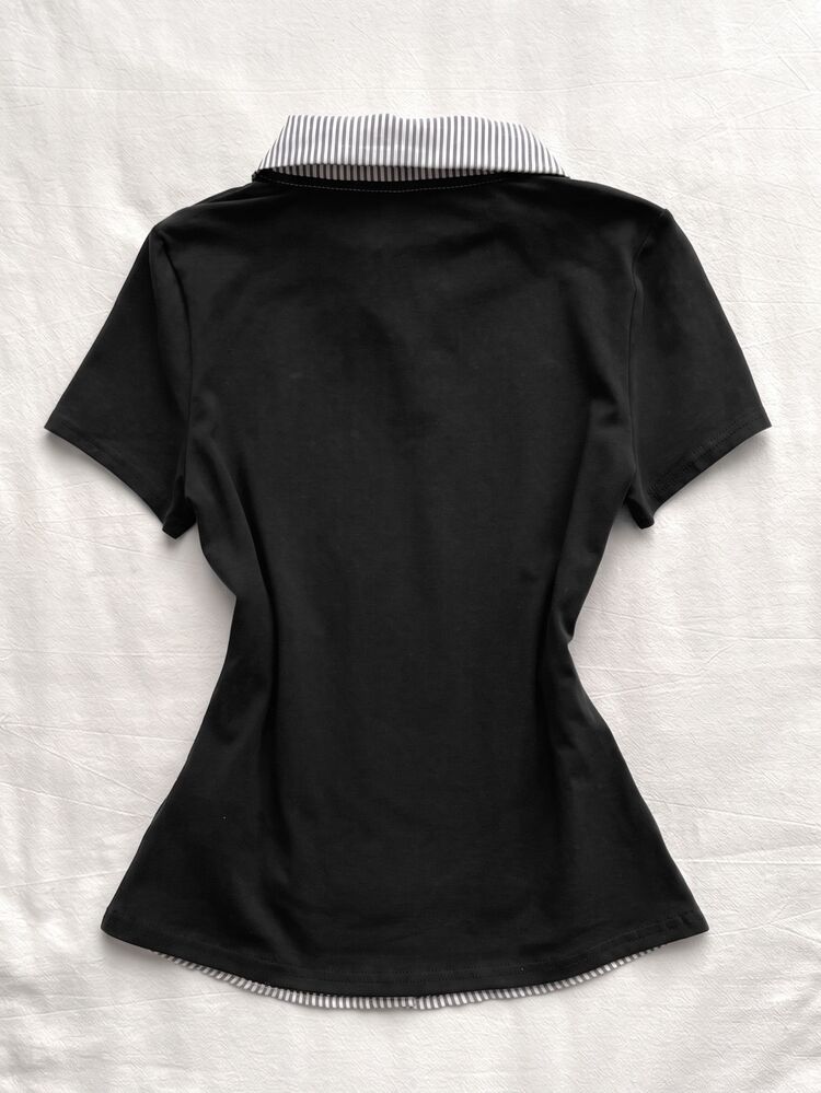 Attitoon Women's Summer Casual Striped Patchwork Short Sleeve T-Shirt - Black - View 2