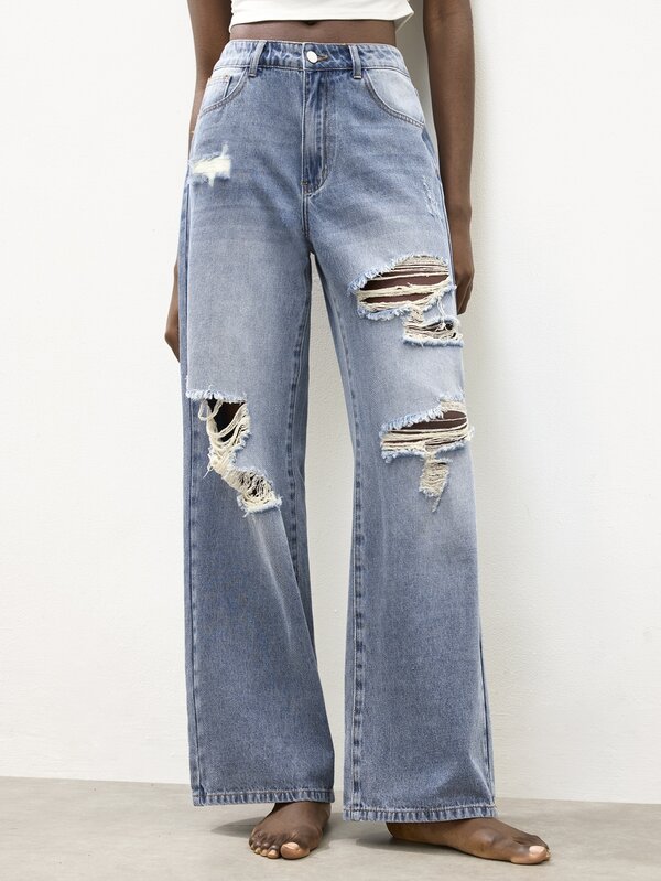 Maija Women's Casual Washed Distressed Straight Leg Jeans