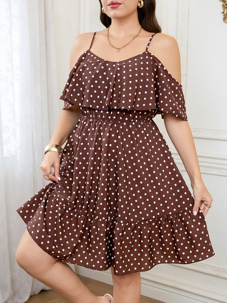 SHEIN Clasi Plus Size Women Elegant Casual Whimsical 1950s Vintage Brown Polka Dot Print Off-Shoulder Ruffle V-Neck A-Line Short Dress Summer Wedding Guest - Brown - View 3