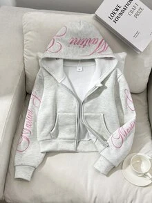 SHEIN 青少年女孩寬鬆休閒極簡舒適日常街頭風粉色字母刺繡連帽寬鬆版貼口袋前開襟拉鍊短版長袖運動外套灰色返校穿搭 - 淺灰色 - 查看 3
