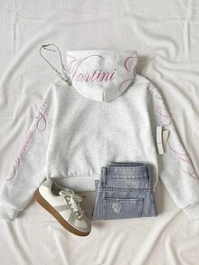 SHEIN 青少年女孩寬鬆休閒極簡舒適日常街頭風粉色字母刺繡連帽寬鬆版貼口袋前開襟拉鍊短版長袖運動外套灰色返校穿搭 - 淺灰色 - 查看 6