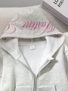 SHEIN 青少年女孩寬鬆休閒極簡舒適日常街頭風粉色字母刺繡連帽寬鬆版貼口袋前開襟拉鍊短版長袖運動外套灰色返校穿搭 - 淺灰色 - 查看 7