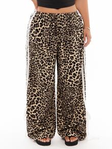Solavibe Plus Size Leopard Print Patchwork Casual Pants, Comfortable For Everyday Wear, Autumn/Winter Fall - Multicolor - View 2