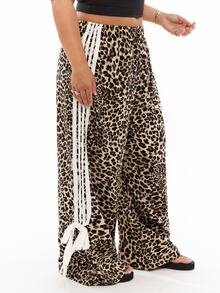 Solavibe Plus Size Leopard Print Patchwork Casual Pants, Comfortable For Everyday Wear, Autumn/Winter Fall - Multicolor - View 1