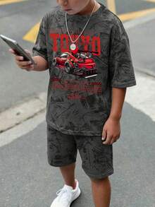青少年男孩休閒舒適時尚簡約圓領賽車圖案紋理印花短袖T恤與短褲套裝，適合日常穿著、旅行、戶外、度假派對、夏季海灘度假、夏季氛圍、假期、春夏季 - 黑色 - 查看 5