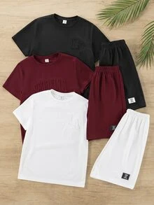 SHEIN 6件組 青少年男孩夏季休閒黑白開學壓紋圓領短袖T恤上衣與短褲兩件套 - 紅色 - 查看 4