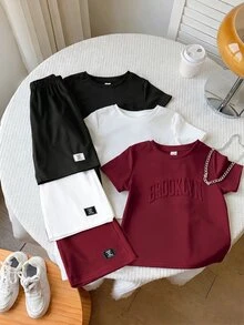 SHEIN 6件組 青少年男孩夏季休閒黑白開學壓紋圓領短袖T恤上衣與短褲兩件套 - 紅色 - 查看 6