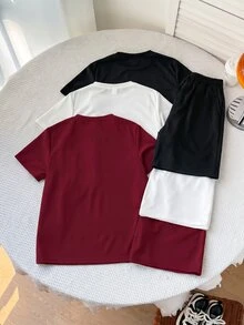 SHEIN 6件組 青少年男孩夏季休閒黑白開學壓紋圓領短袖T恤上衣與短褲兩件套 - 紅色 - 查看 2