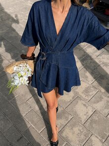 Serisse 女士V领时尚约会派对牛仔连衣裙 - 藍色 - 查看 3