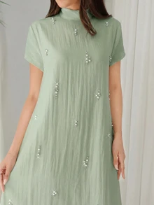 Al Najma 女士仿珍珠装饰立领短袖优雅阿拉伯风格连衣裙 - 薄荷綠 - 查看 6