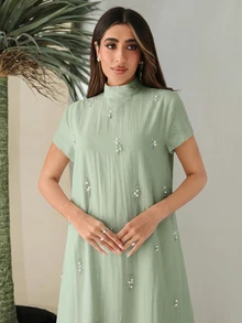 Al Najma 女士仿珍珠装饰立领短袖优雅阿拉伯风格连衣裙 - 薄荷綠 - 查看 5