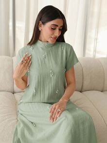 Al Najma 女士仿珍珠装饰立领短袖优雅阿拉伯风格连衣裙 - 薄荷綠 - 查看 1