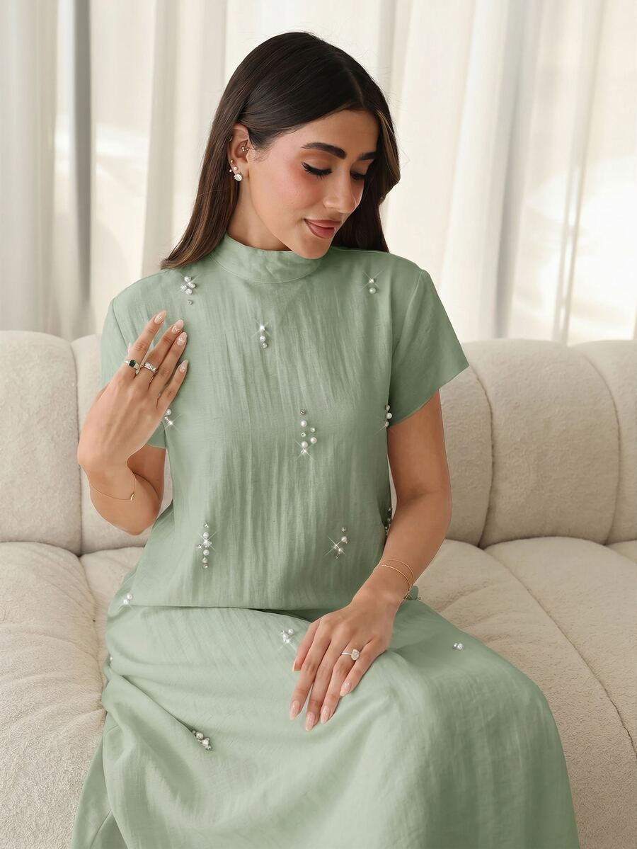 Al Najma 女士仿珍珠装饰立领短袖优雅阿拉伯风格连衣裙 - 薄荷綠 - 查看 1