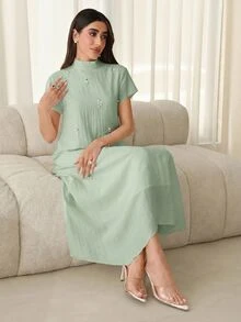 Al Najma 女士仿珍珠装饰立领短袖优雅阿拉伯风格连衣裙 - 薄荷綠 - 查看 7