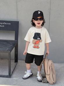 SHEIN 2pcs/Set Young Boy Kids Cute Bear Pattern Embroidered T-Shirt & Yellow Waffle Shorts,Summer Matching Family Vacation Casual Loose Fit Japanese Style - Multicolor - View 7